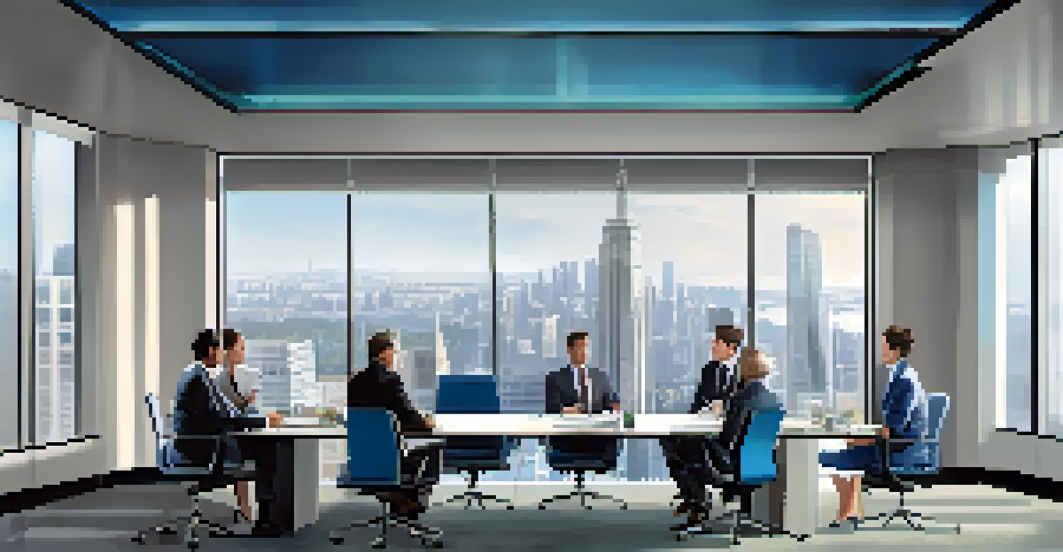 Business professionals engaged in discussion in a modern conference room with a financial report on a screen and a city view.
