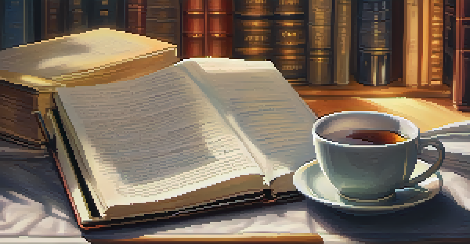 An open notebook with handwritten tax notes beside a steaming cup of tea, set against a blurred bookshelf.
