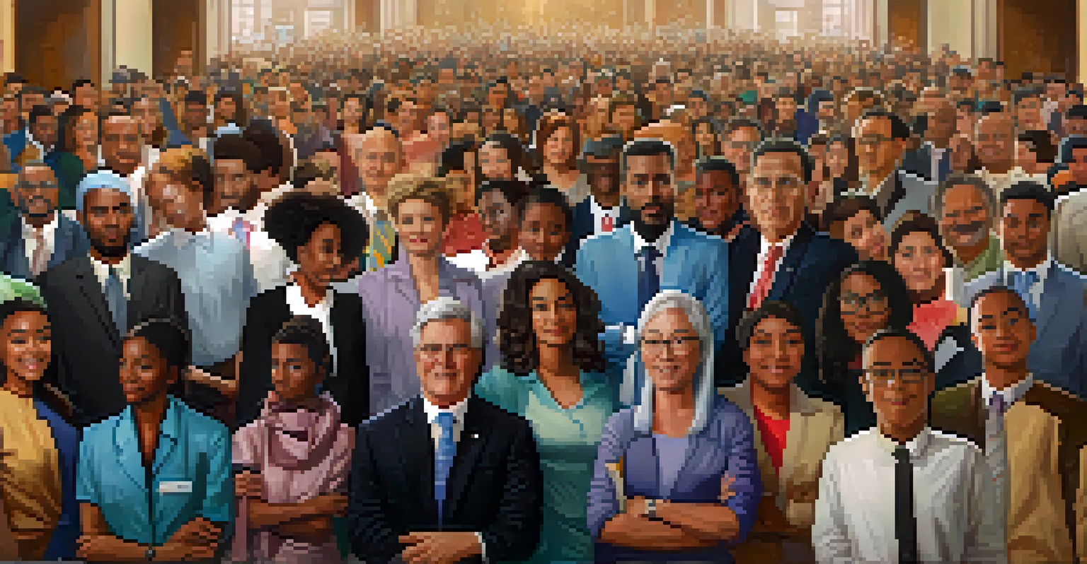 An illustration of a progressive tax system showing diverse individuals receiving support like education and healthcare, with a wealthy individual contemplating their contributions to society.