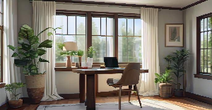 A bright and calm home office with a wooden desk, laptop, and coffee cup, illuminated by natural light from a window.