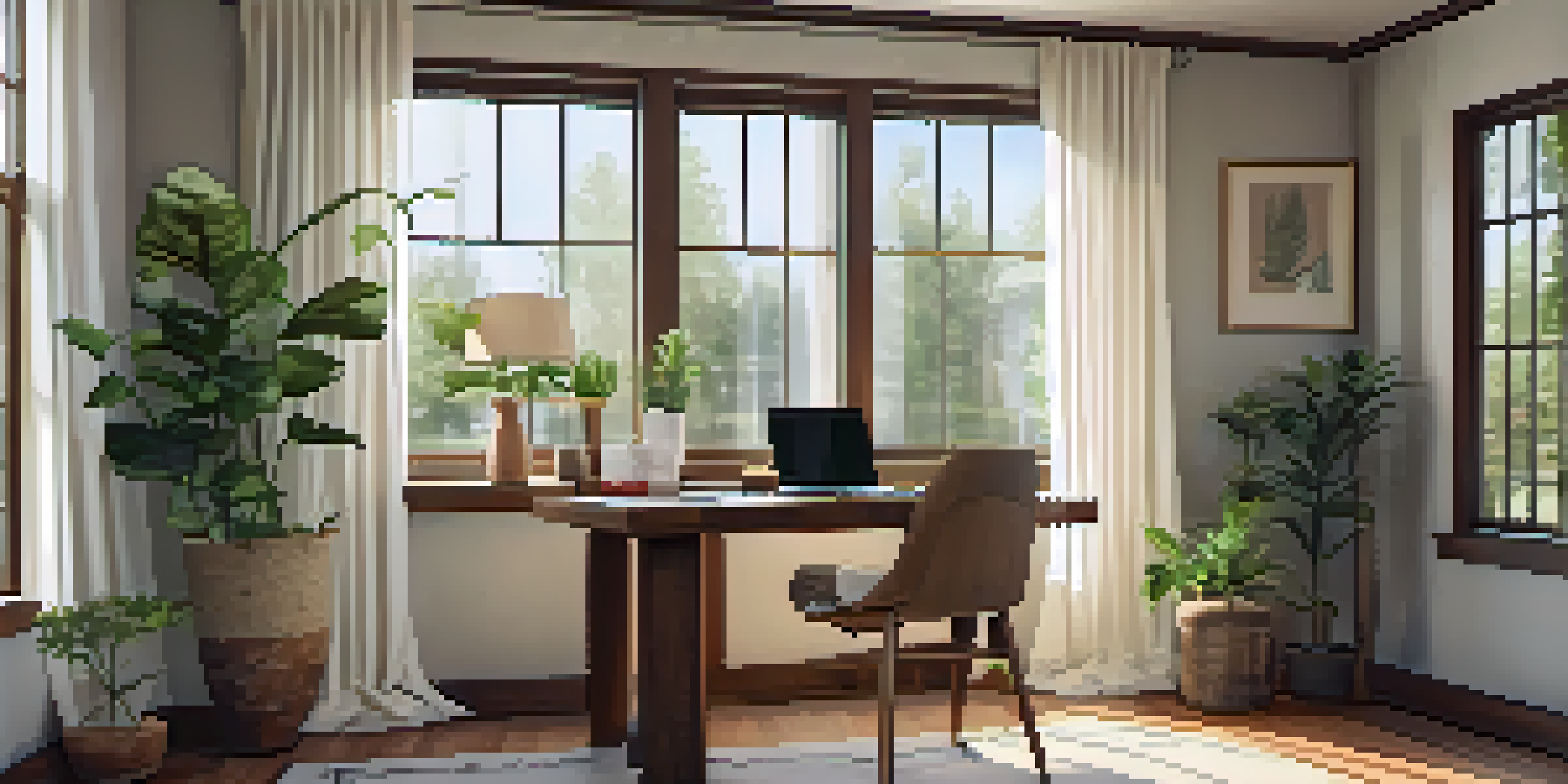 A bright and calm home office with a wooden desk, laptop, and coffee cup, illuminated by natural light from a window.