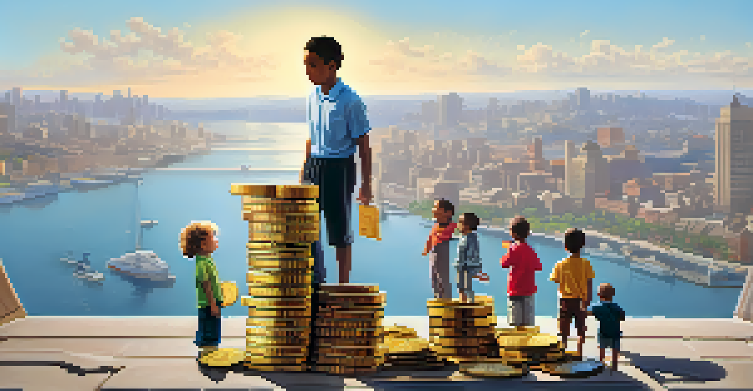A symbolic illustration of the Wealth Tax Act of 1935, showing a scale balancing coins and families receiving aid against a sunlit cityscape.