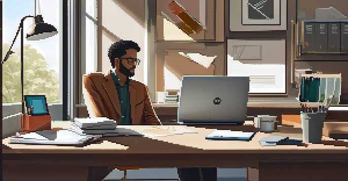 A self-employed person working at a desk with organized supplies, a laptop showing accounting software, and sunlight coming through a window.