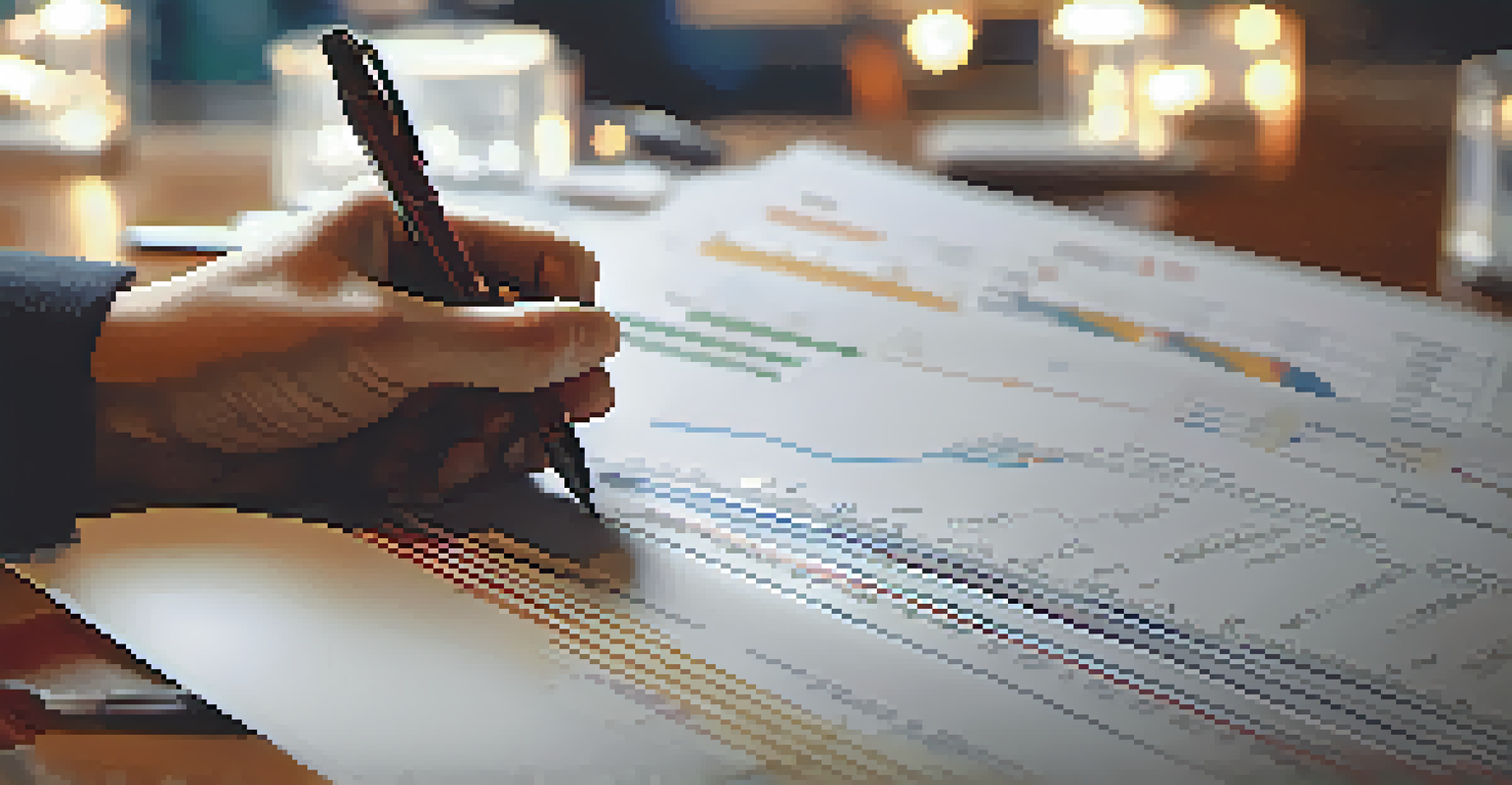 A close-up of a hand writing on a financial statement with graphs and figures.