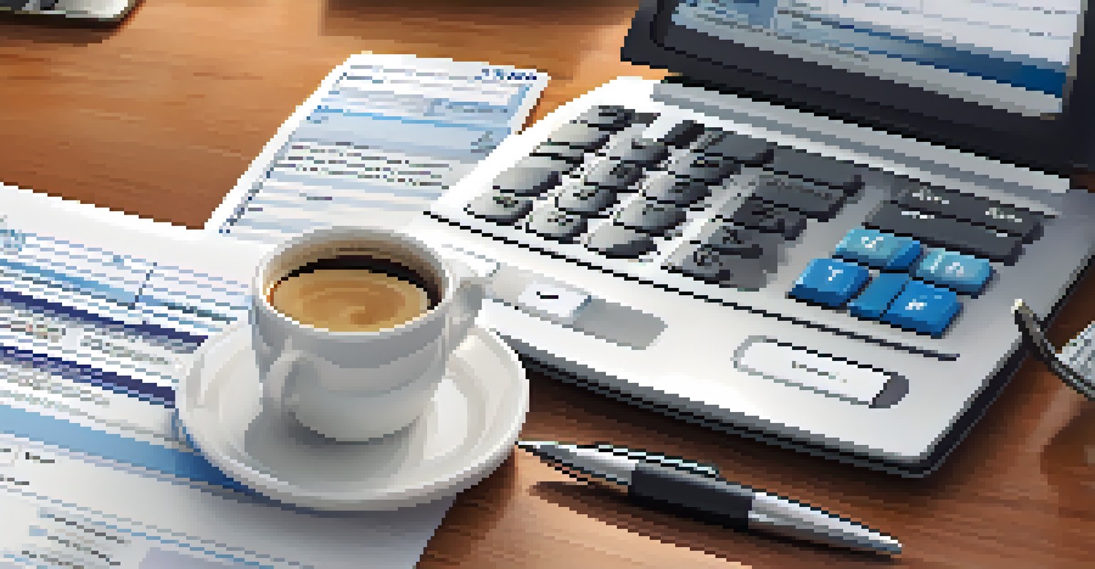 A close-up of a tax form being filled out, surrounded by a calculator, coffee, and a laptop.