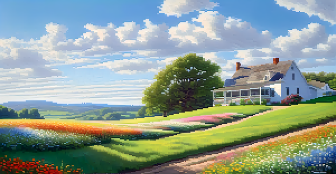 A picturesque countryside scene with a green hill, a farmhouse, and colorful wildflowers under a blue sky.