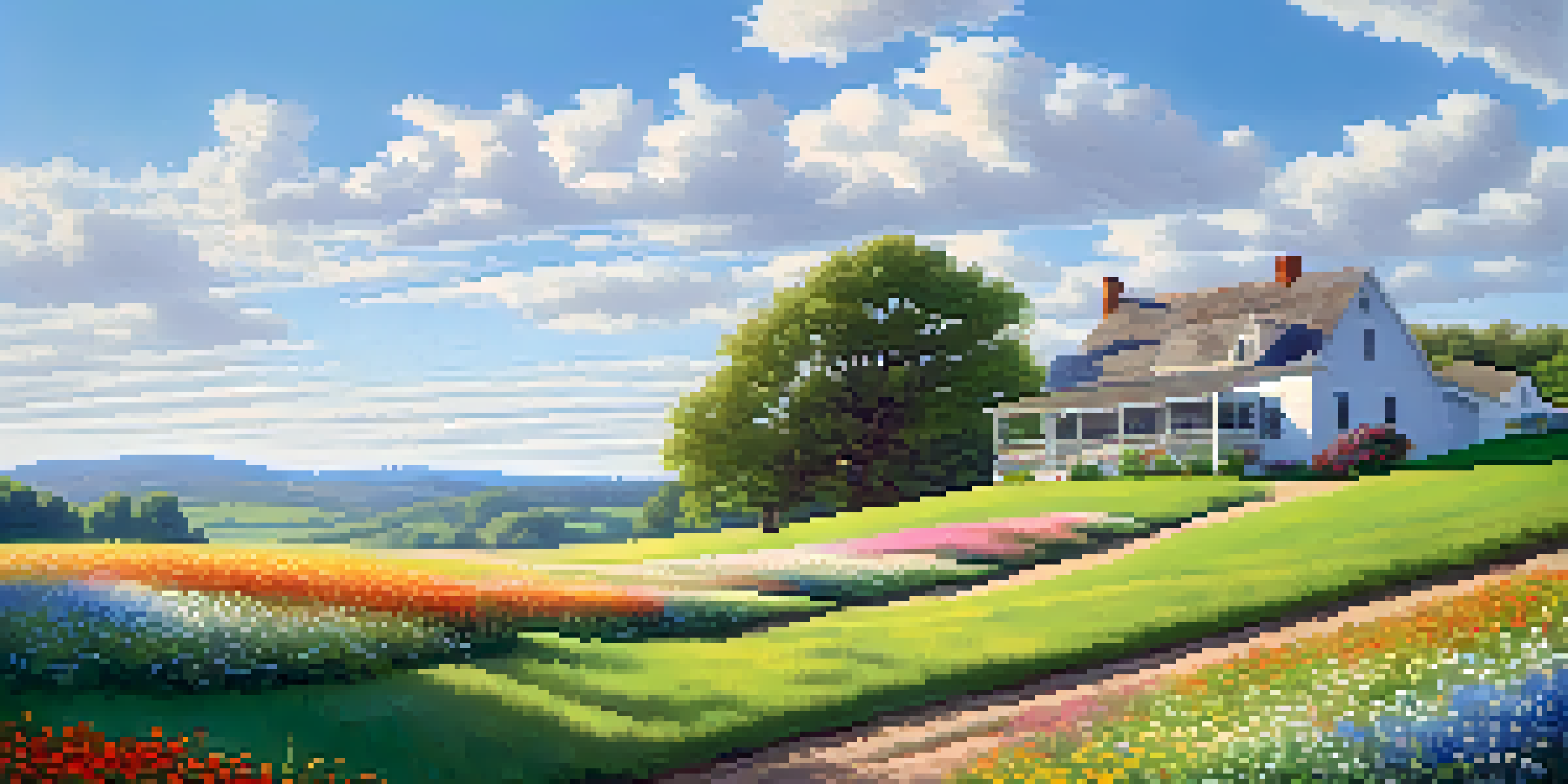 A picturesque countryside scene with a green hill, a farmhouse, and colorful wildflowers under a blue sky.
