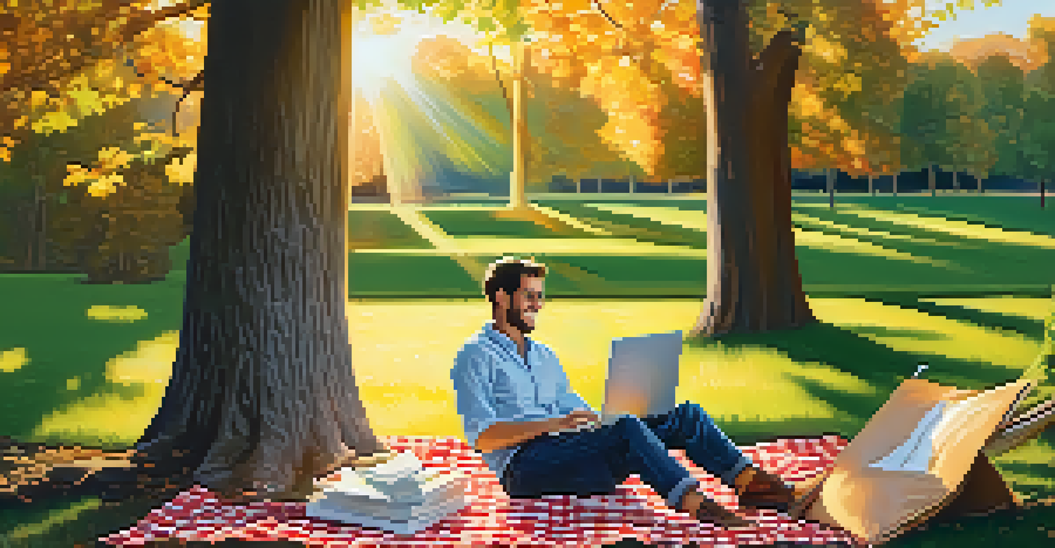 A couple having a picnic in a park, working on their tax documents with a laptop, surrounded by nature.
