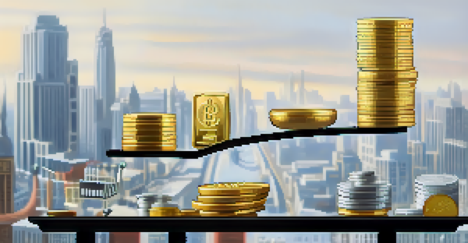 An abstract balance scale showing coins on one side and shopping carts on the other, with a blurred city background.