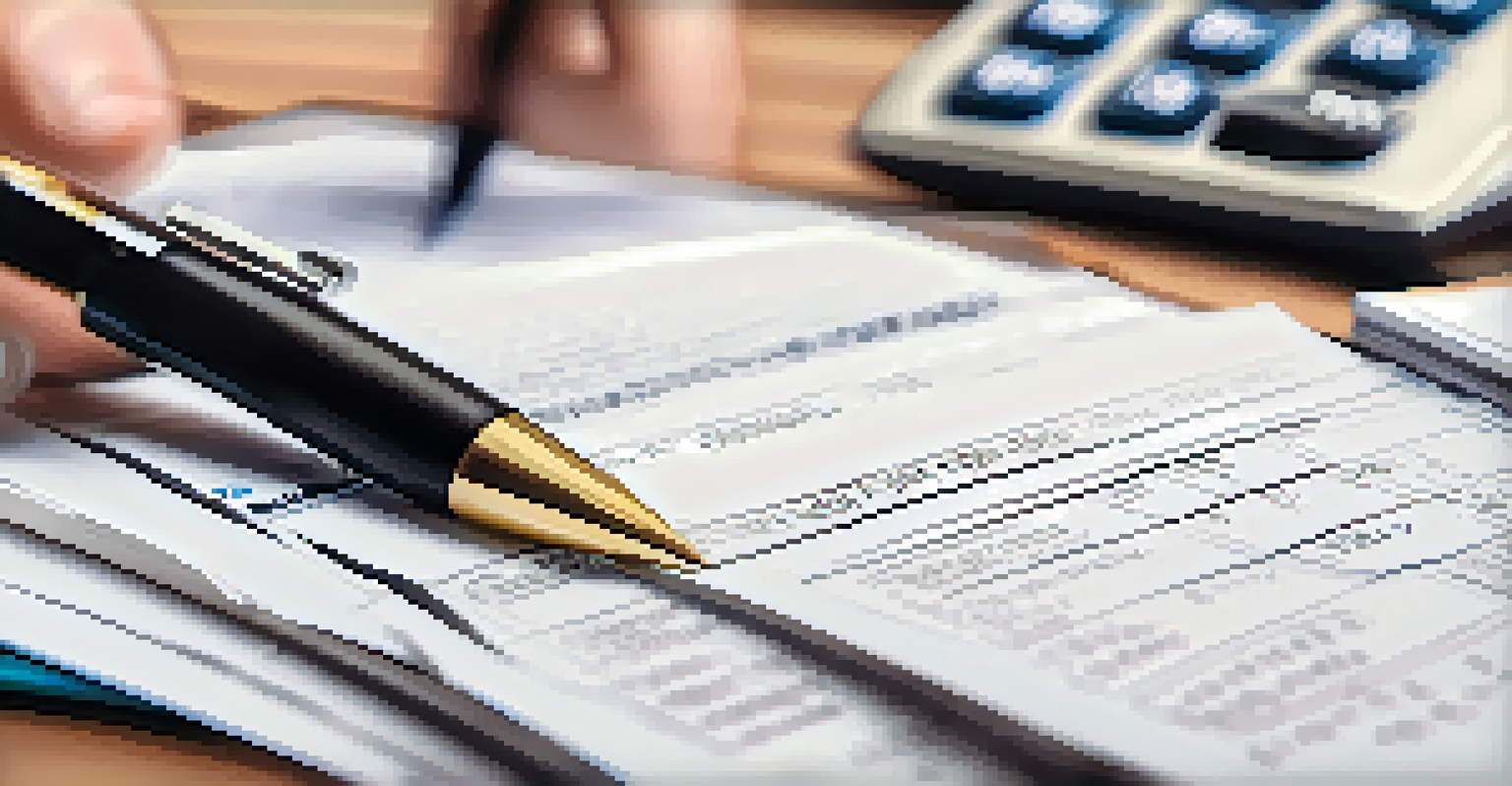 A hand holding a pen over a calculator with a notepad of business expenses and blurred receipts in the background.