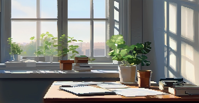 An office setup featuring a wooden desk with a laptop displaying financial spreadsheets and a notepad with notes. Morning light illuminates the space, creating a calm atmosphere.