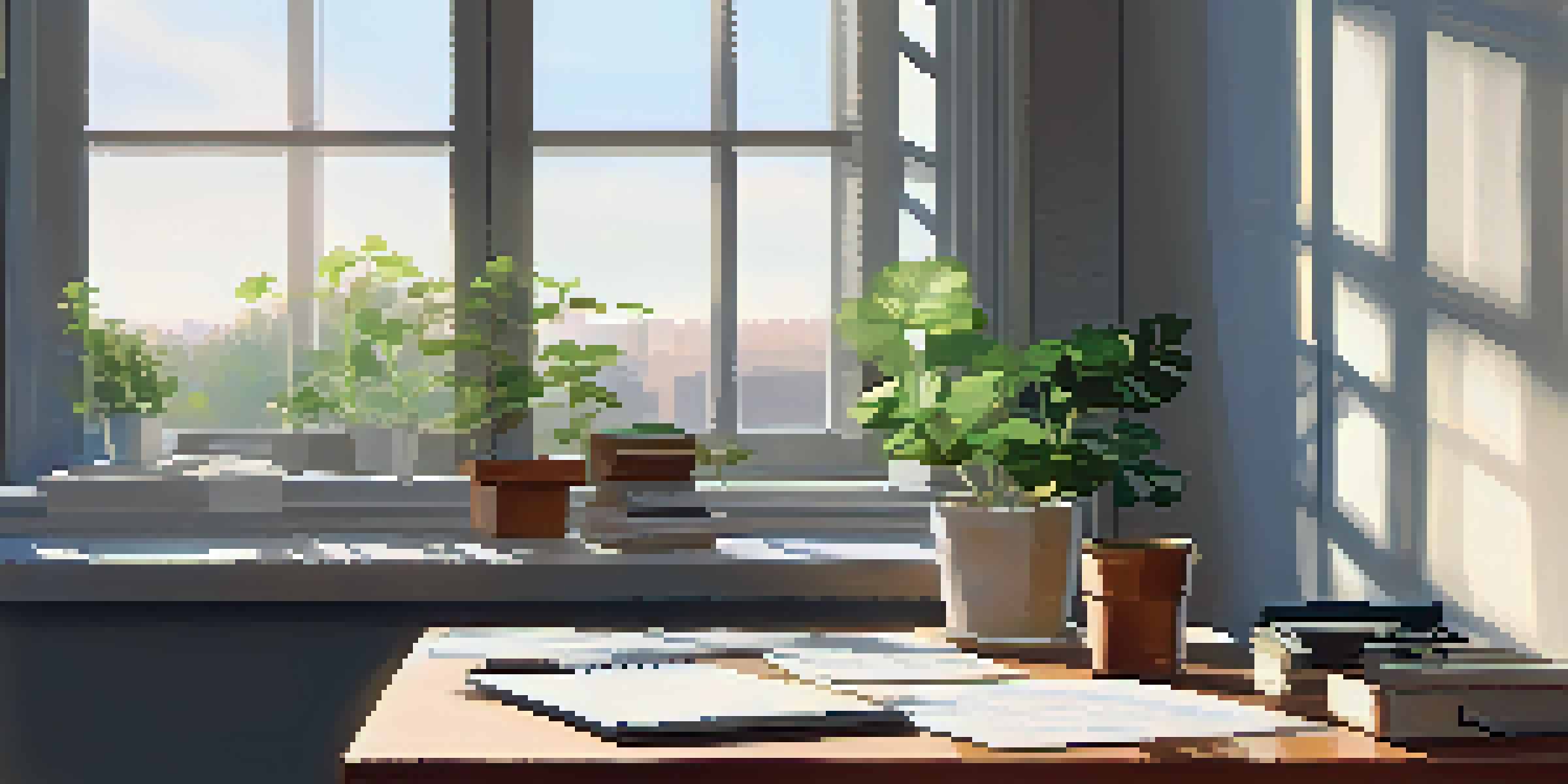 An office setup featuring a wooden desk with a laptop displaying financial spreadsheets and a notepad with notes. Morning light illuminates the space, creating a calm atmosphere.