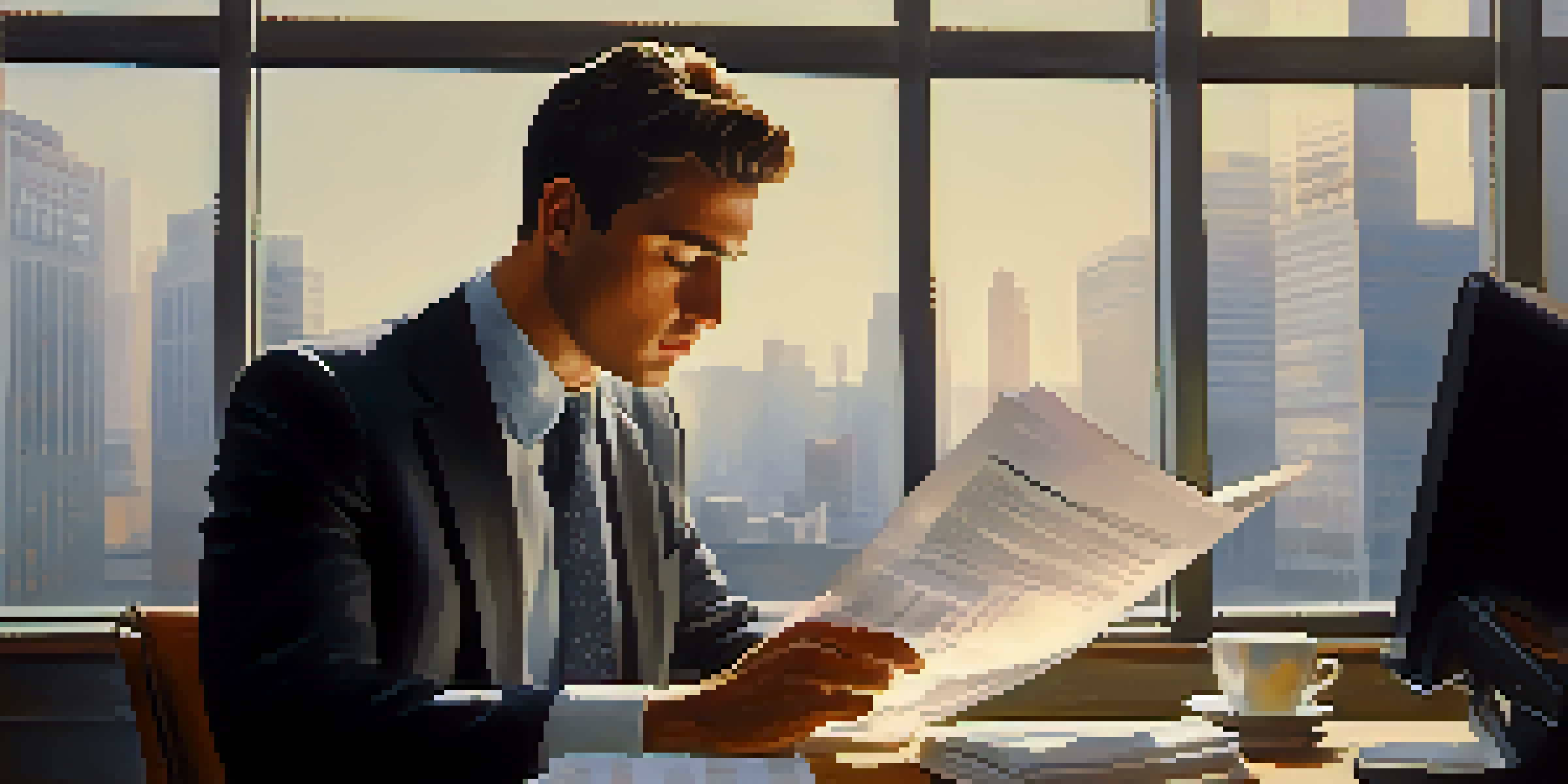 A close-up of an employee examining a stock options contract in a modern office, with financial documents and a laptop on the desk.
