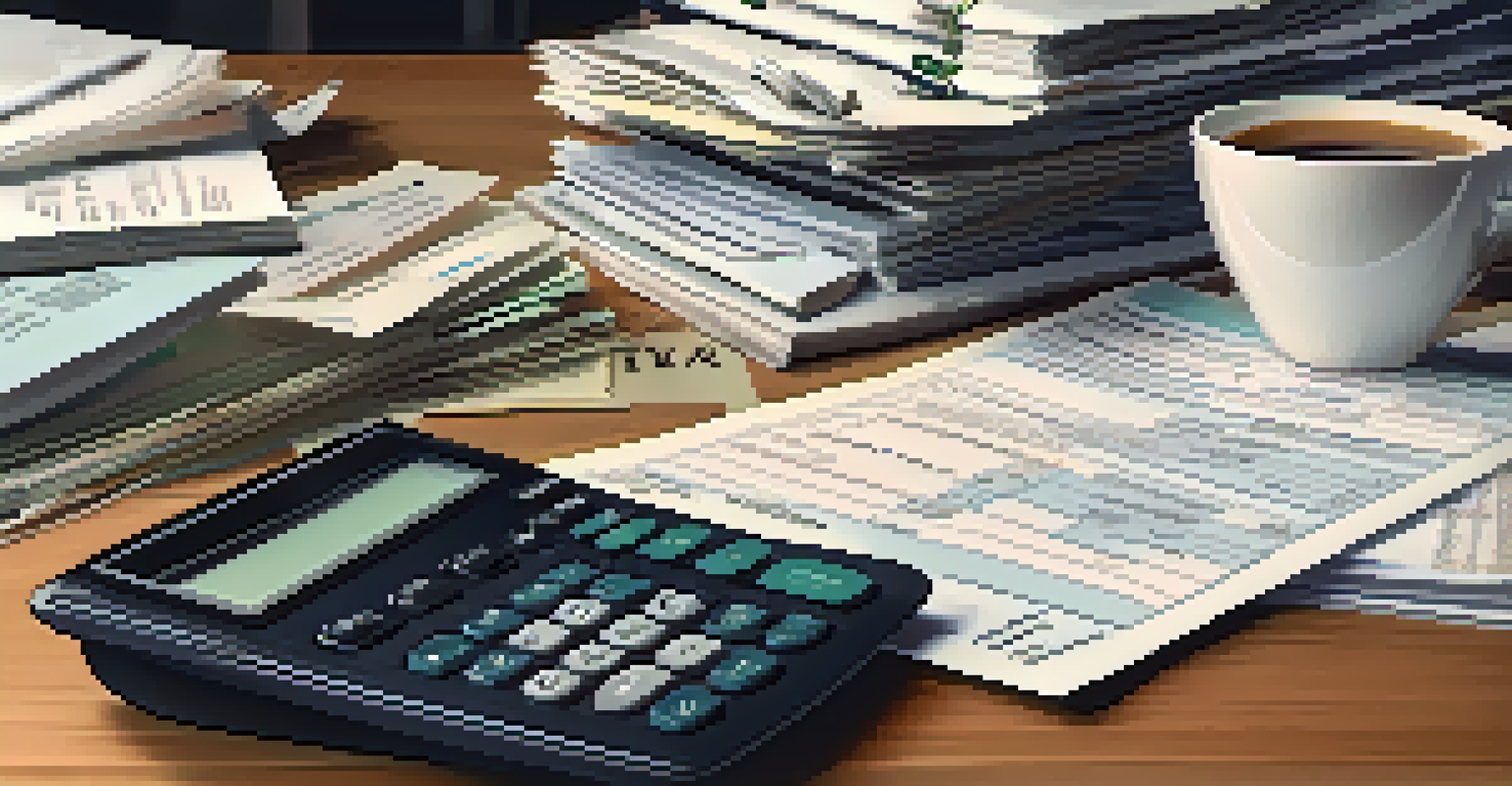 A close-up of organized financial documents and receipts on a table, with a calculator and coffee cup.
