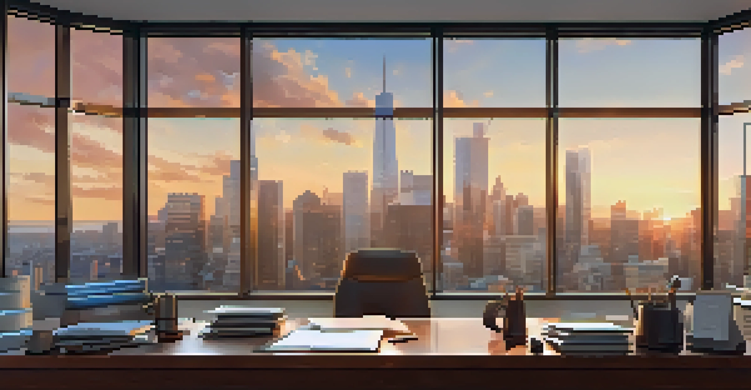 An elegant office space with a wooden desk, laptop, documents, and a view of a city skyline during sunset.