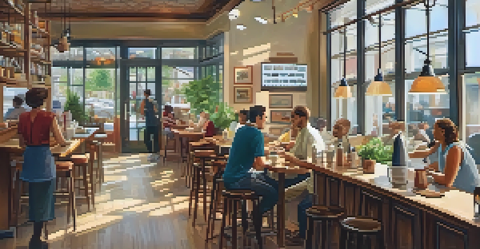 A small business café with wooden furniture, a barista making coffee, and customers chatting in a bright, welcoming space.