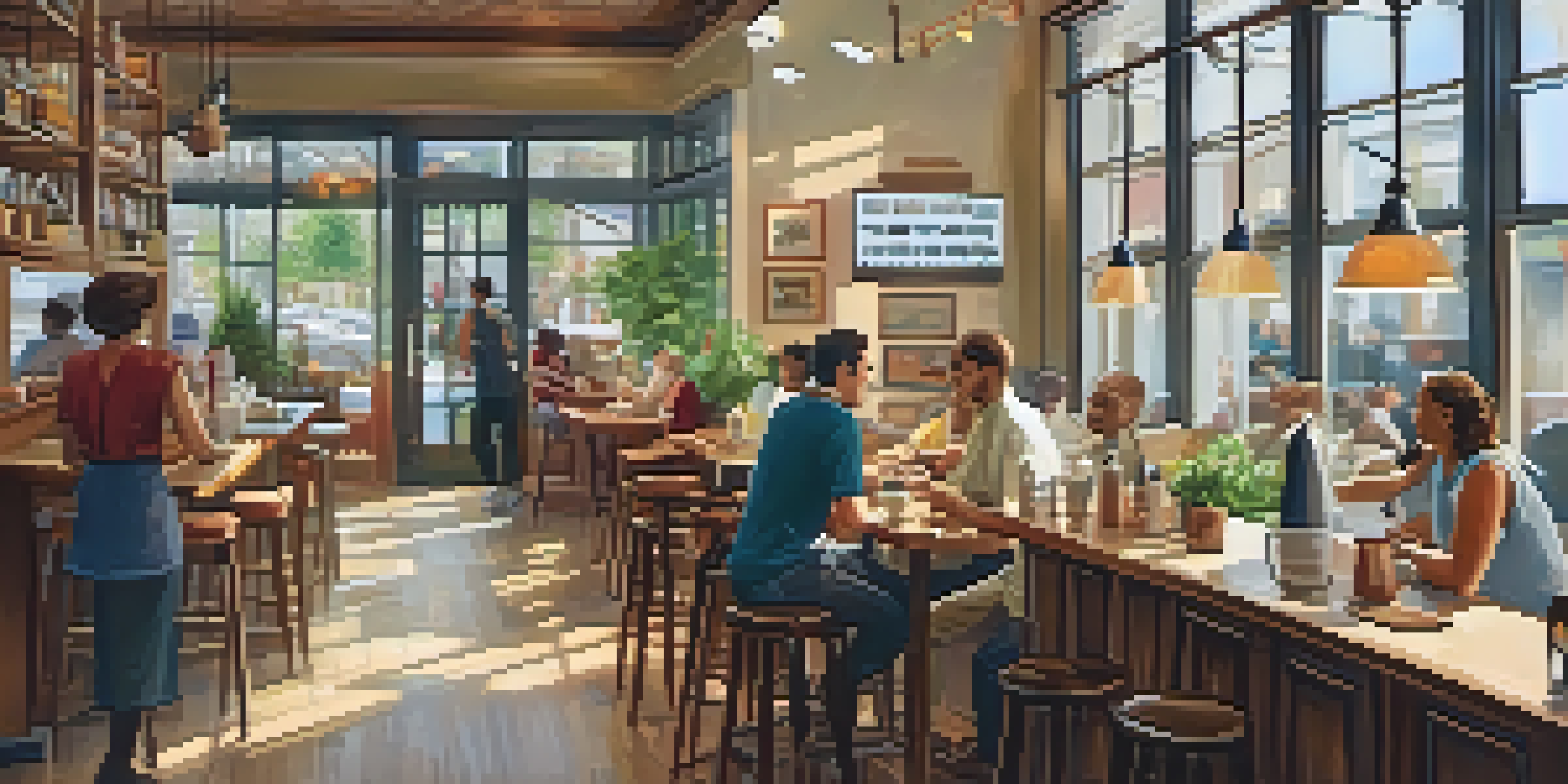 A small business café with wooden furniture, a barista making coffee, and customers chatting in a bright, welcoming space.