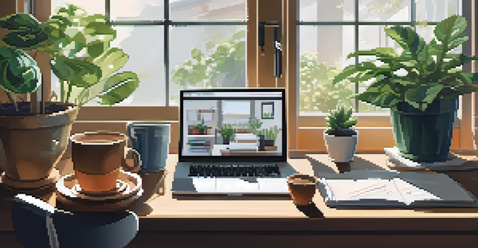 A bright and organized workspace with a wooden desk, laptop, coffee cup, and potted plants, illuminated by sunlight from a window.