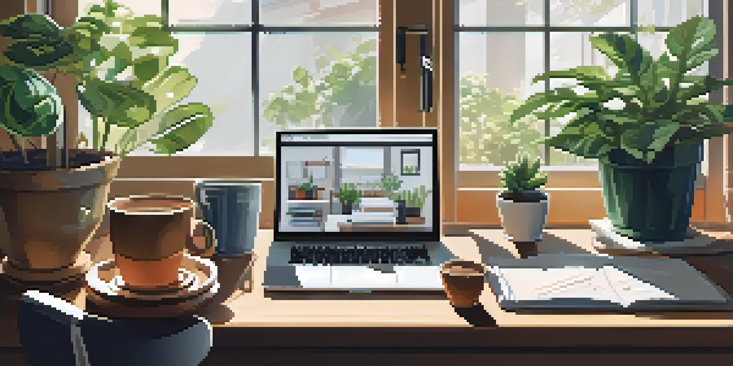 A bright and organized workspace with a wooden desk, laptop, coffee cup, and potted plants, illuminated by sunlight from a window.