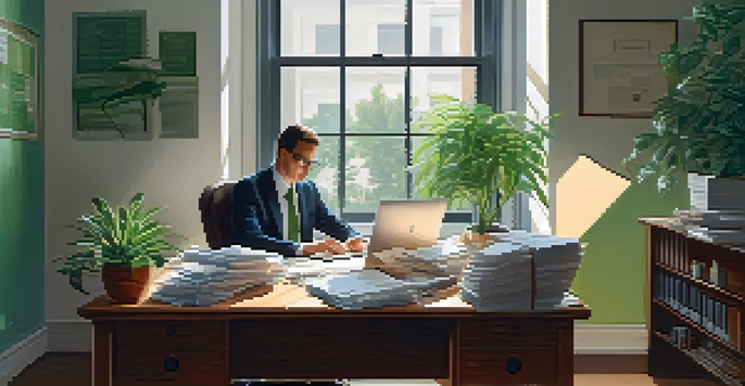 A person working at a desk with organized financial documents and a laptop, illuminated by soft natural light from a window.