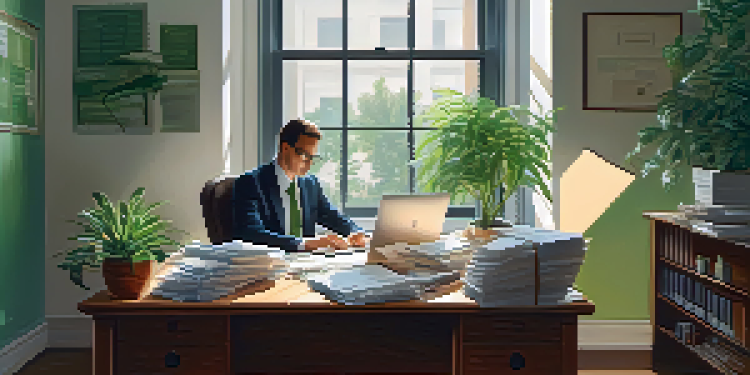 A person working at a desk with organized financial documents and a laptop, illuminated by soft natural light from a window.