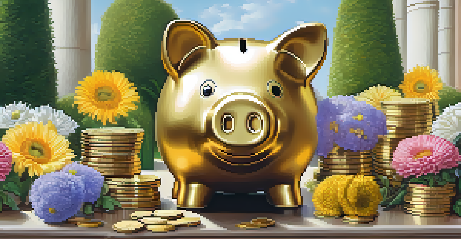 A vibrant and colorful depiction of a golden piggy bank surrounded by coins and blooming flowers in a sunny garden, representing the concept of a Tax-Free Savings Account.