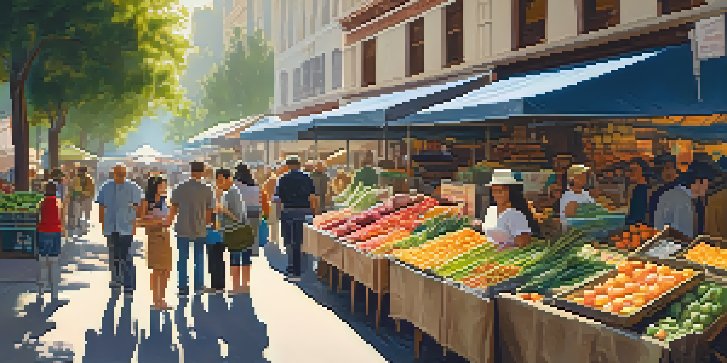 A lively California street market with various vendors and colorful produce under the sunlight.