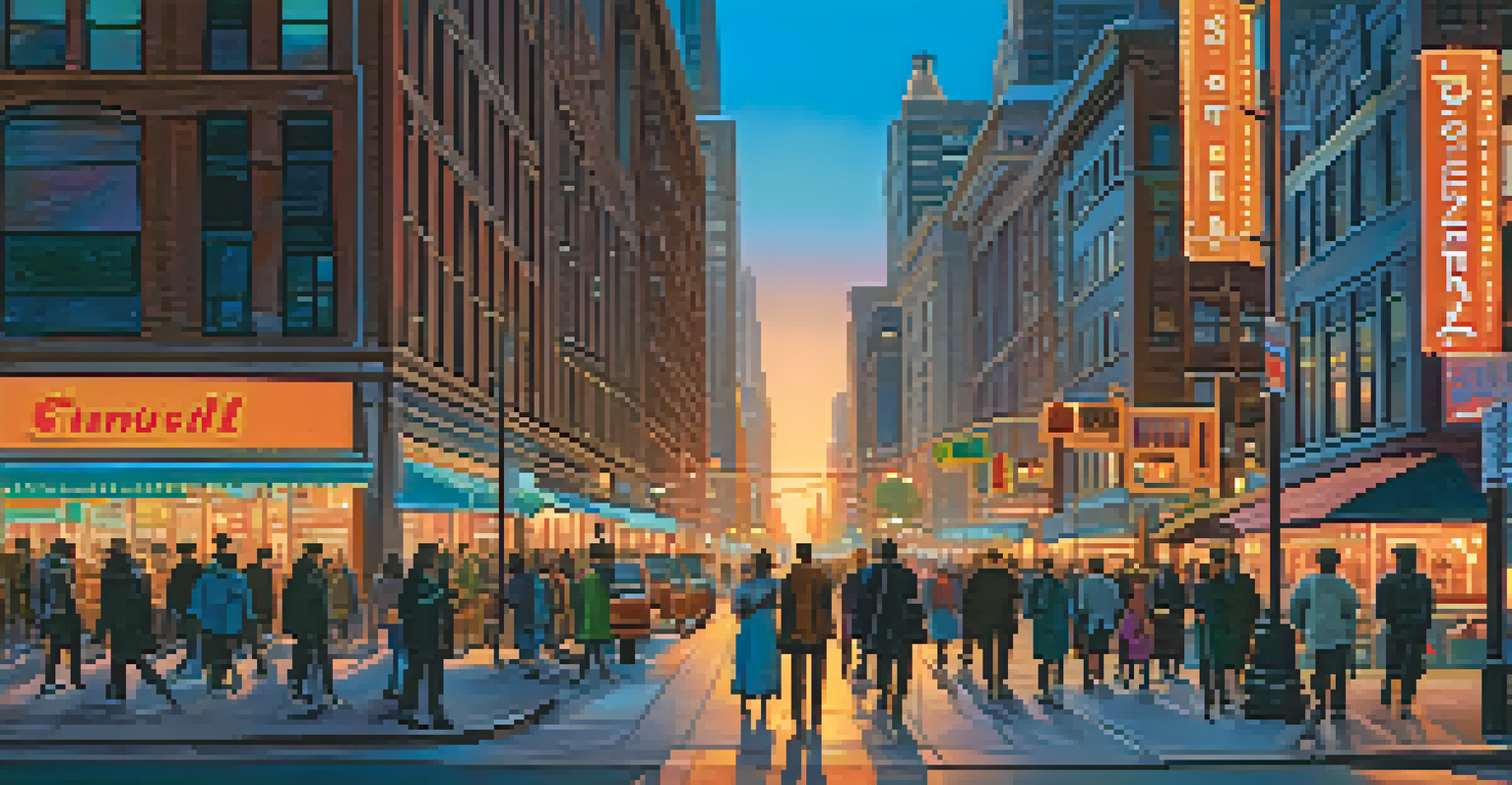 A vibrant city street at dusk with neon signs, pedestrians, and a mix of modern and historic buildings.