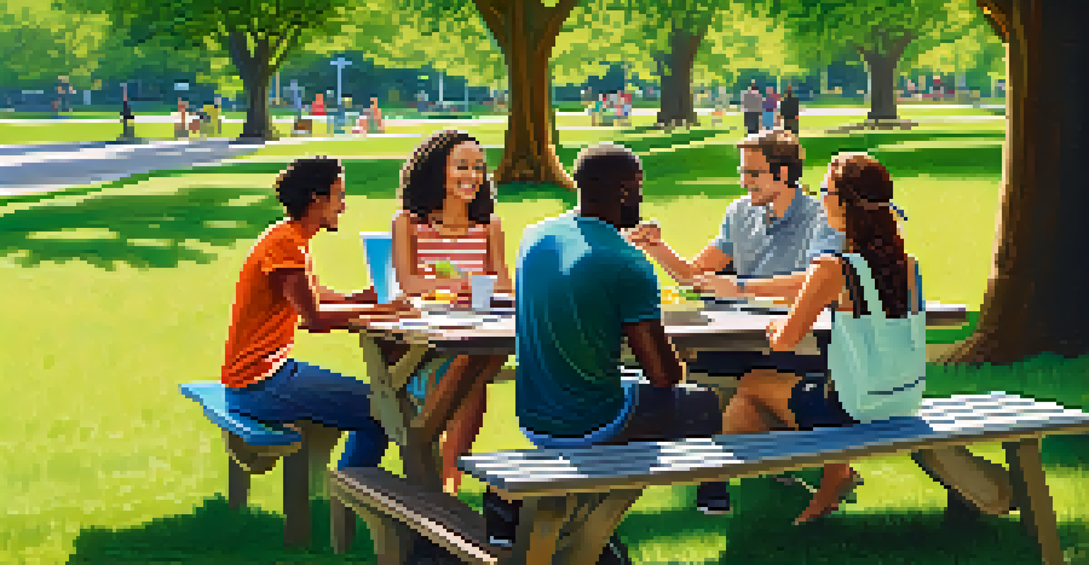 A diverse group of people discussing financial strategies outdoors at a picnic table in a park.