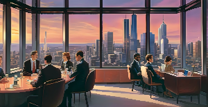 A vibrant urban skyline at sunset with skyscrapers and business professionals discussing in the foreground.