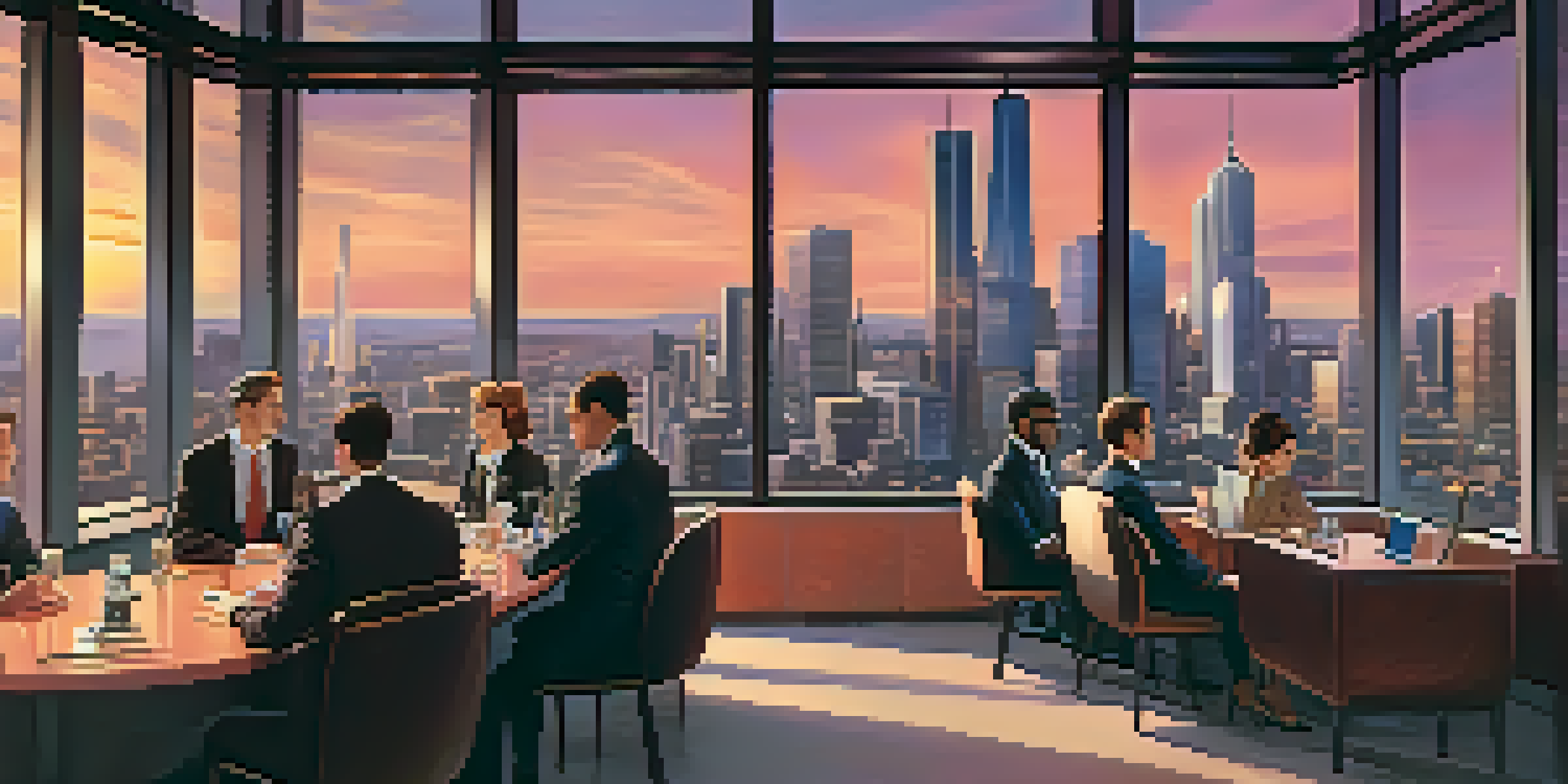 A vibrant urban skyline at sunset with skyscrapers and business professionals discussing in the foreground.