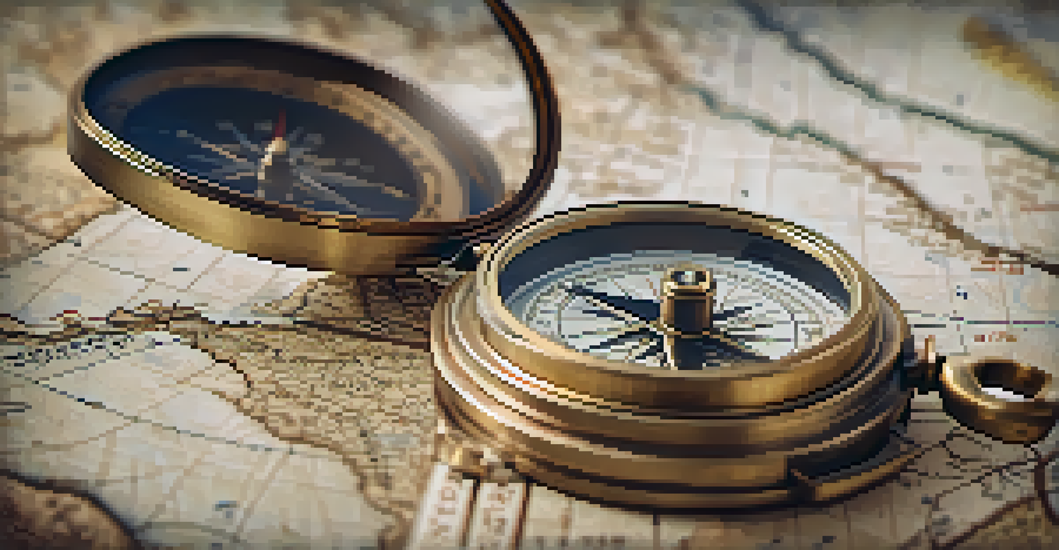 A close-up of a vintage compass on an old map, showcasing intricate details and textures.