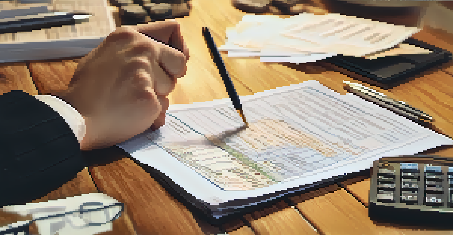 Close-up of hands using a calculator and pen on tax documents and receipts on a wooden table.