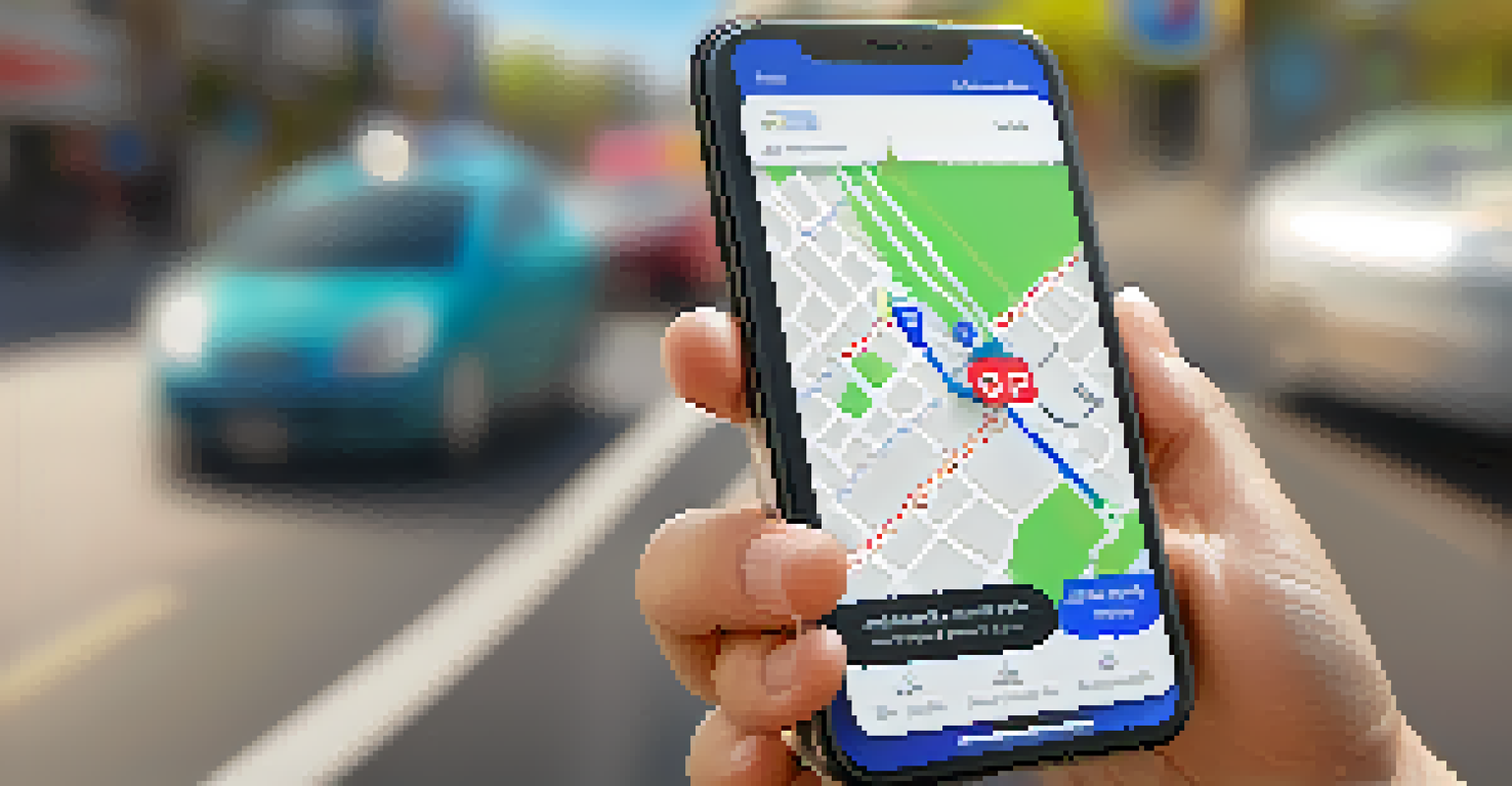 A close-up of a smartphone showing a rideshare app's map interface, with a driver in the background expressing focus and readiness.