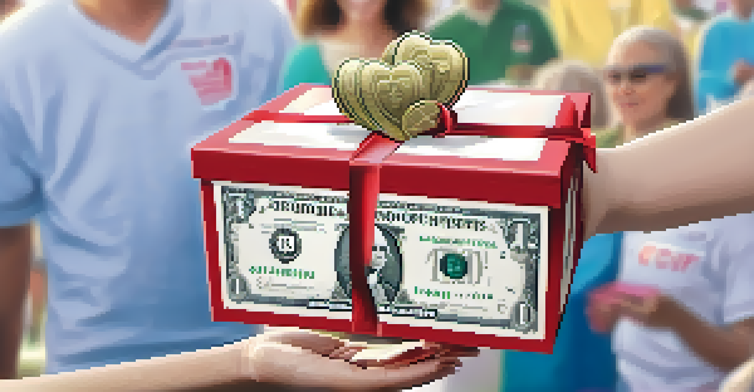Close-up of hands holding a heart-shaped donation box filled with cash and coins, with a blurred charity event background.