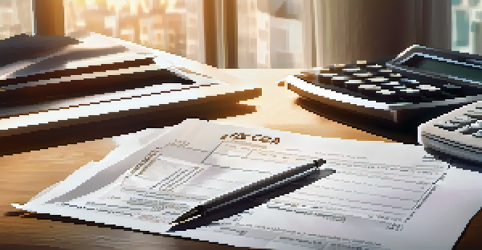 A wooden desk with a tax credit form, calculator, pen, and crumpled receipts in soft morning light.