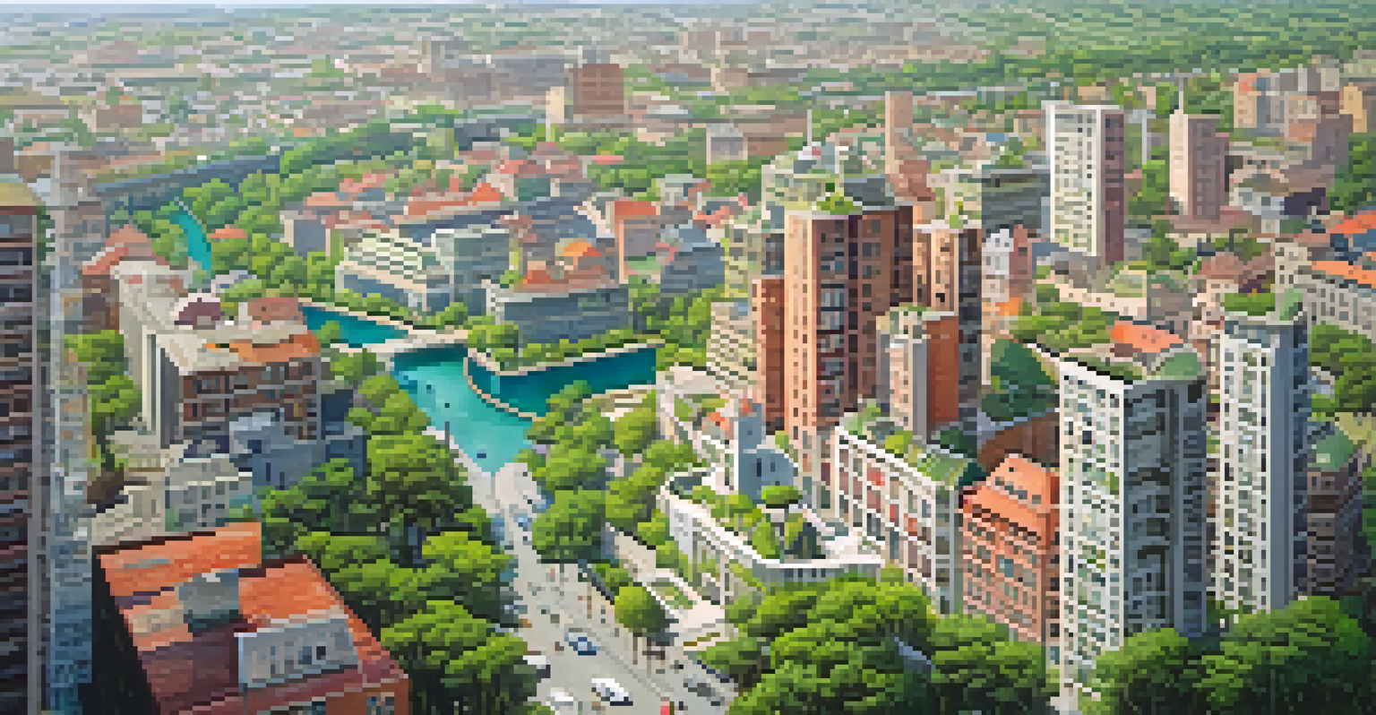 An aerial view of a city with diverse residential buildings and green parks.