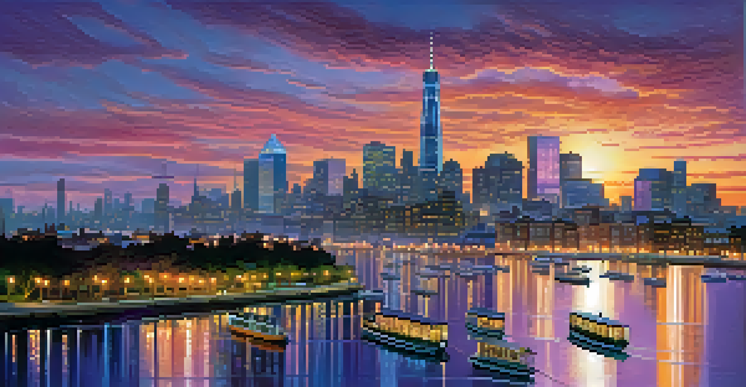 A city skyline at dusk with skyscrapers and a river reflecting the colorful sky.