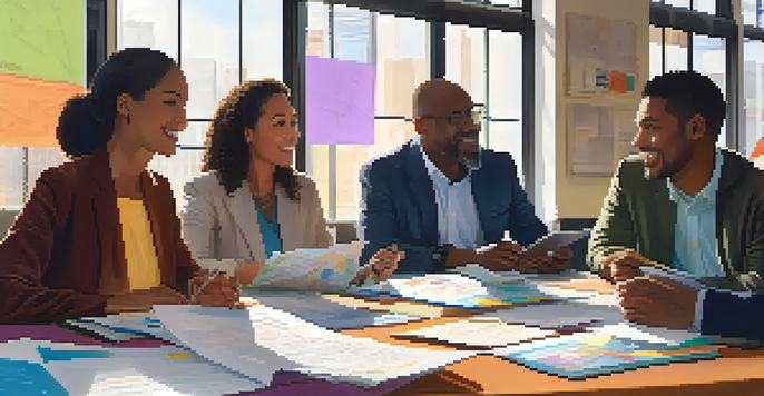 A group of diverse individuals in a meeting room, collaborating over documents and laptops, with natural light and colorful charts on the walls.