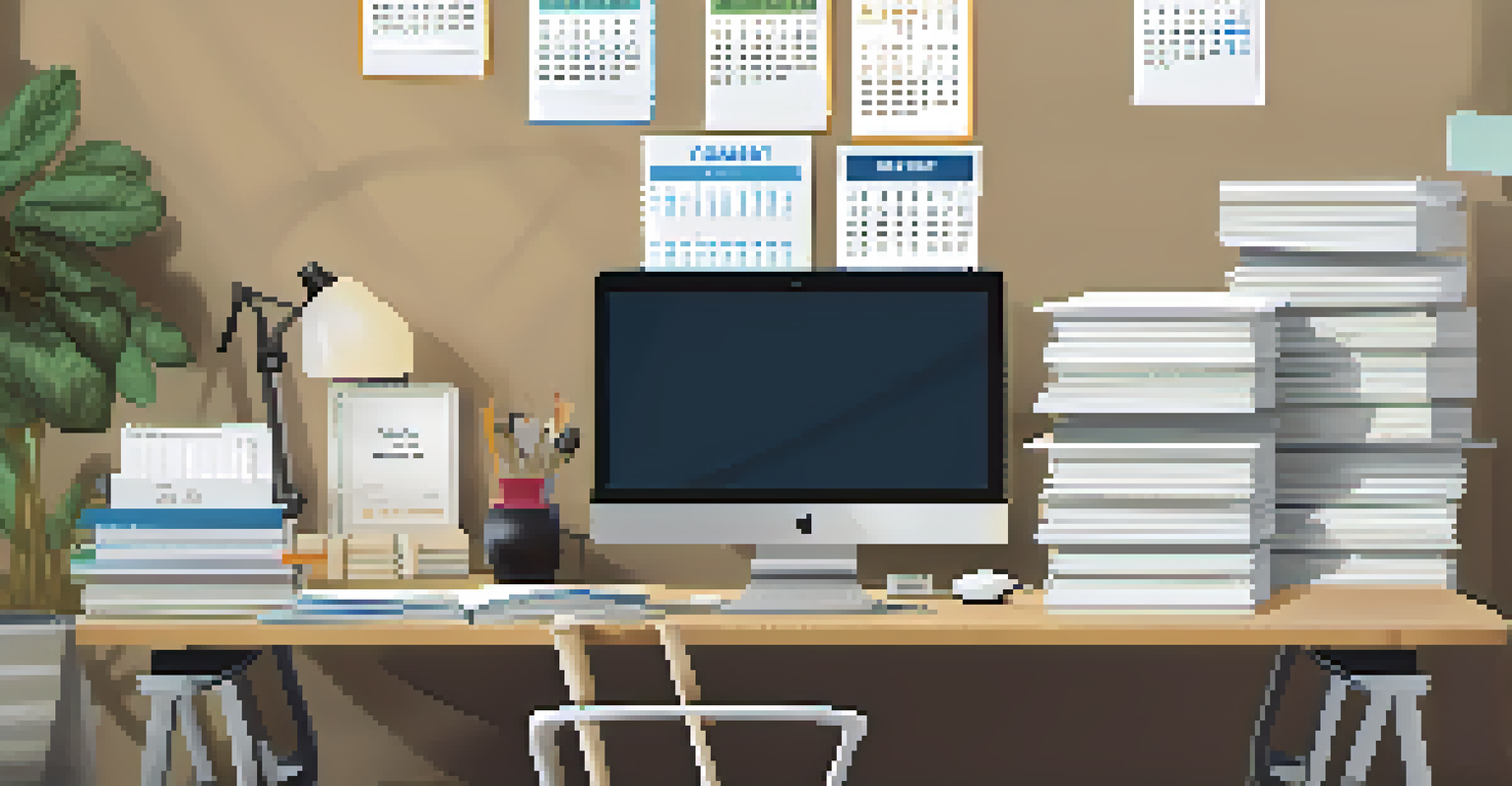 A well-organized workspace with a calendar, documents, and a laptop focused on tax-related tasks, illuminated by bright light.