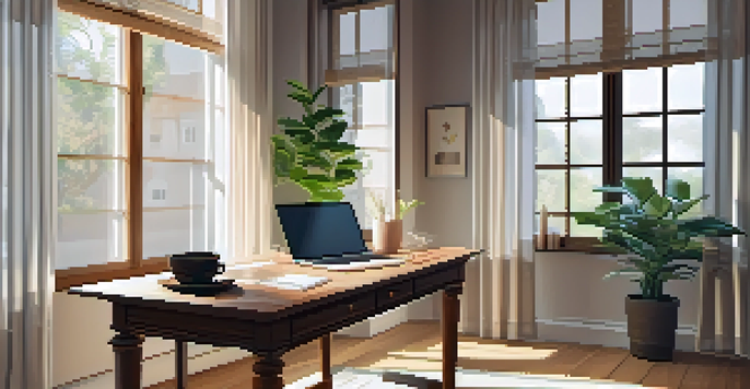A home office with a wooden desk, laptop, notepad, cup of coffee, and a potted plant, illuminated by natural light from a window.