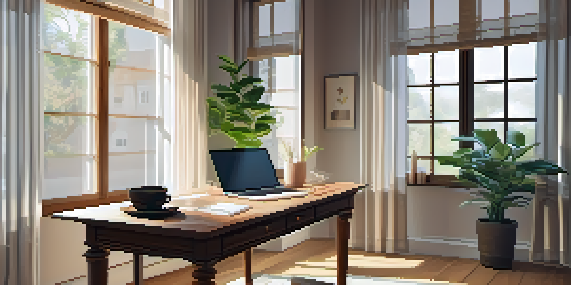 A home office with a wooden desk, laptop, notepad, cup of coffee, and a potted plant, illuminated by natural light from a window.