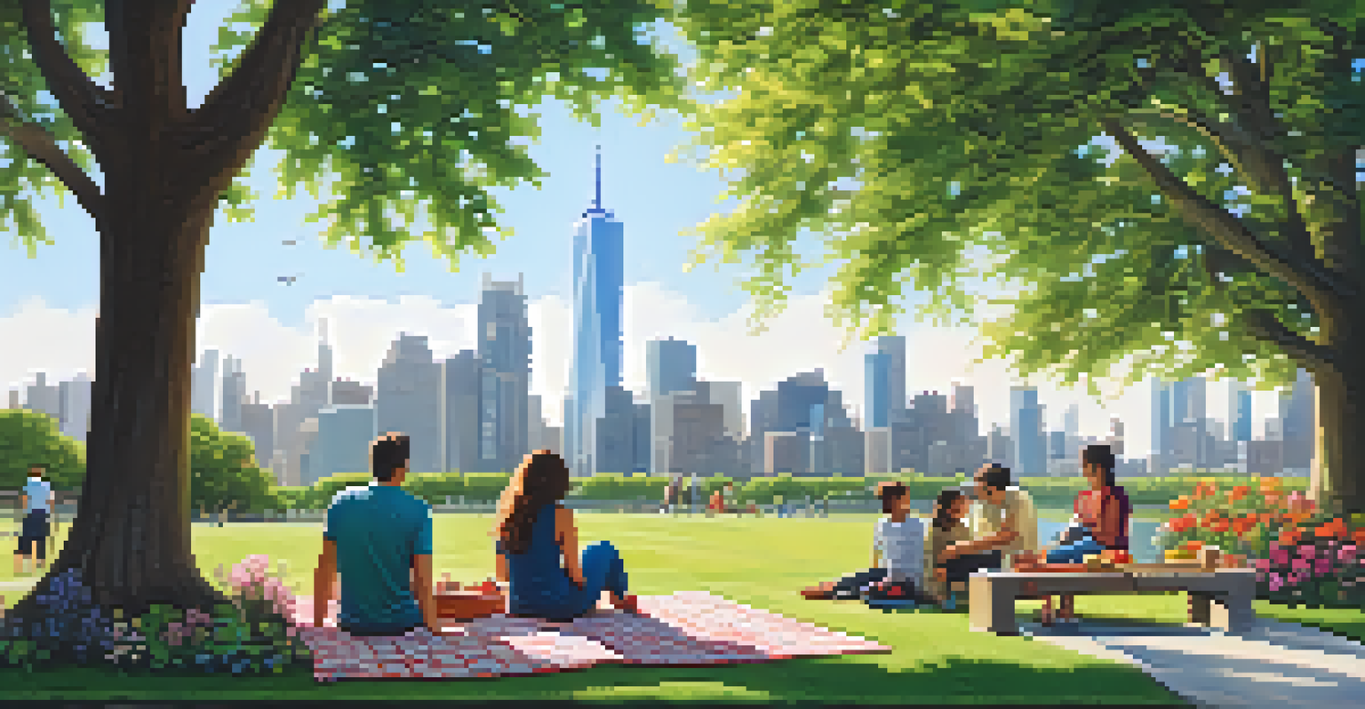 A family having a picnic in a park with a modern city skyline in the background, showcasing nature and urban life.