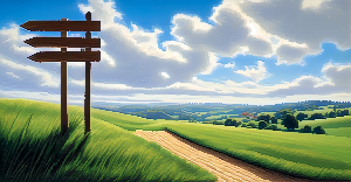 A tranquil landscape with a wooden signpost labeled 'Tax-Loss Harvesting' pointing towards healthy and unhealthy plants, representing investment gains and losses.