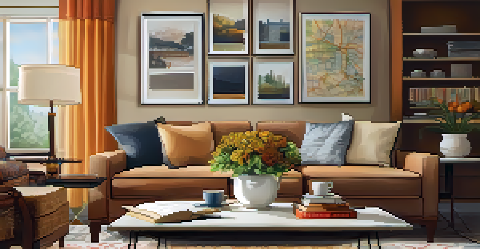 A living room with a sofa, coffee table filled with tax documents, and a family portrait on the wall.