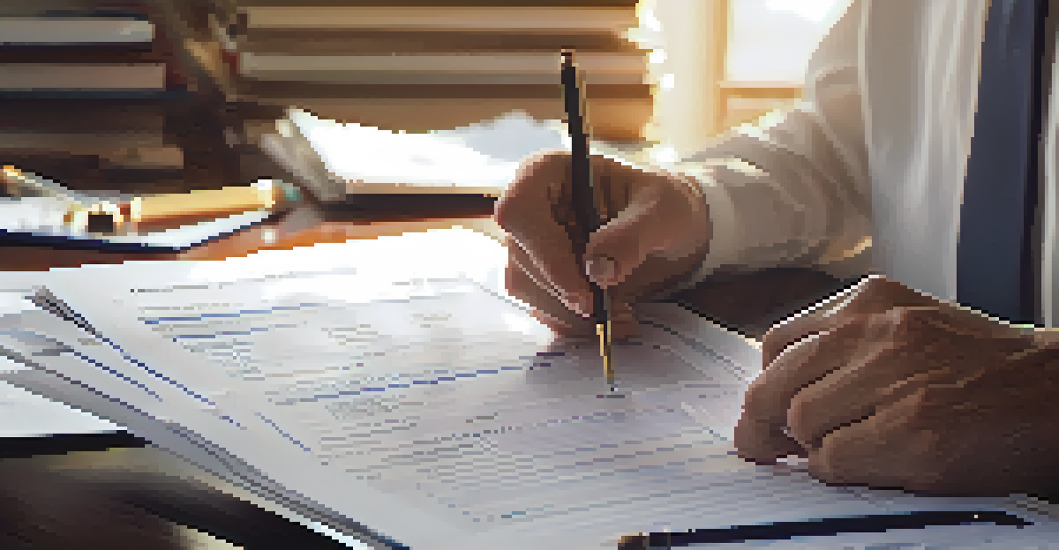 A close-up of a business owner's hands completing a sales tax registration form at a desk filled with documents and a calculator, illuminated by soft natural light.
