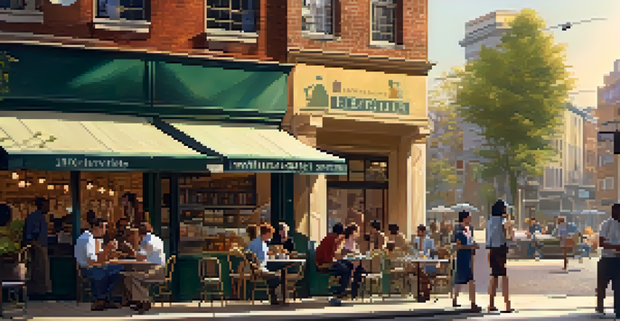 A city street with people discussing at a café, a 'Help Wanted' sign in a shop window, illuminated by warm sunlight.