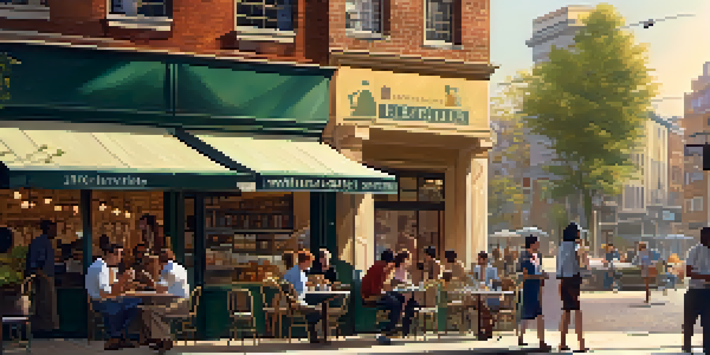A city street with people discussing at a café, a 'Help Wanted' sign in a shop window, illuminated by warm sunlight.