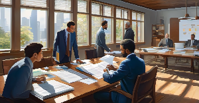 A diverse group of professionals discussing tax compliance in a sunlit office with laptops and documents on a wooden table.