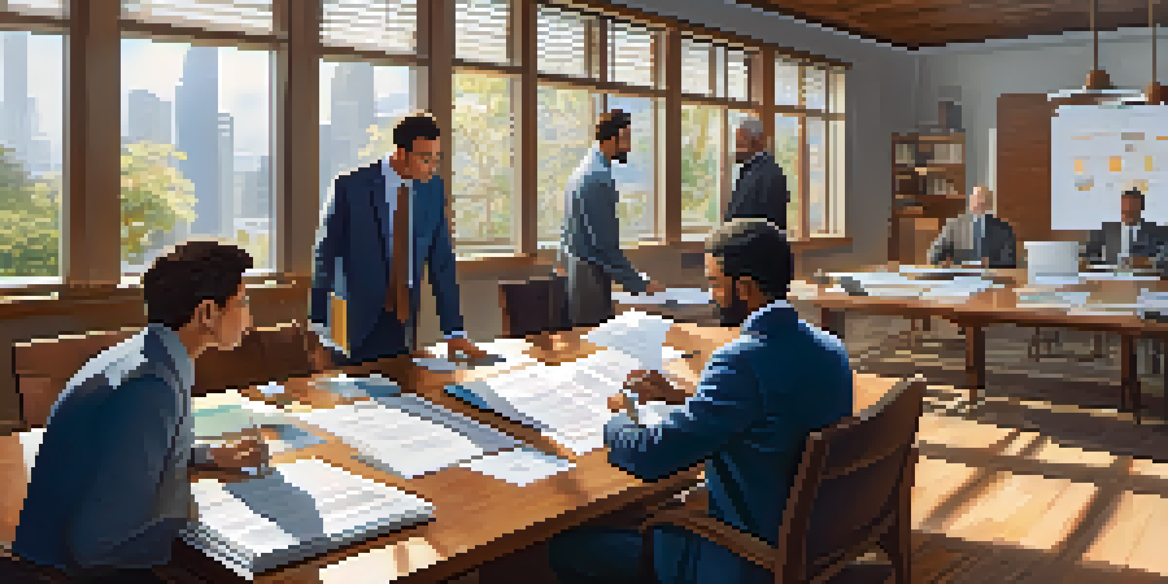 A diverse group of professionals discussing tax compliance in a sunlit office with laptops and documents on a wooden table.